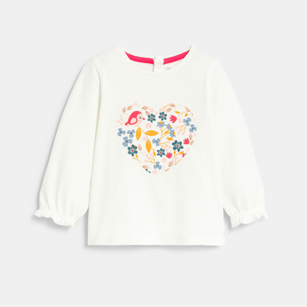 تي شيرت أبيض اللون، مُزيَّن بقلب به زهور، للفتيات الصغيرات